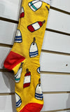 Yellow sock with white, red and blue buoys and red heel and toe caps