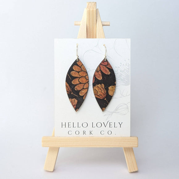 Floral on Black Cork Earrings - Small Leaf