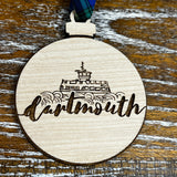 Round wooden ornament with laser engraved design, a line drawn Dartmouth Ferry and script font reading "Dartmouth"