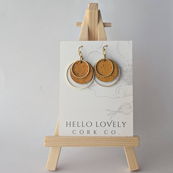 Circle Cork and Brass Earrings - Ochre Yellow