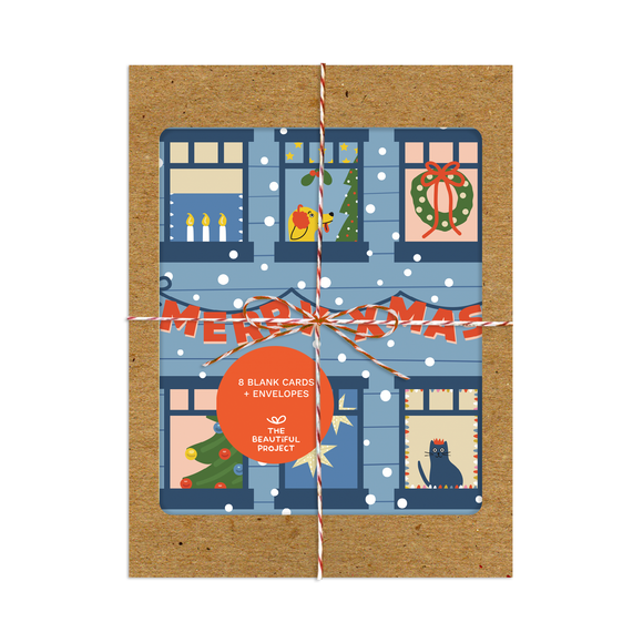 Merry Christmas Holiday Apartment Windows - Boxed Set of Greeting Cards