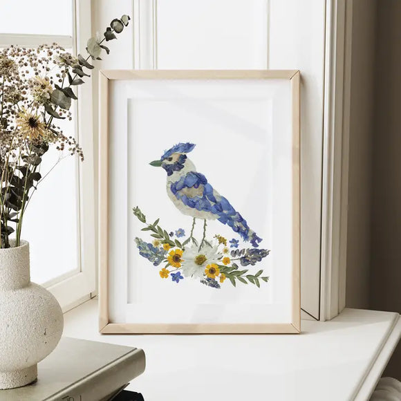 Pressed Flower Blue Jay Print