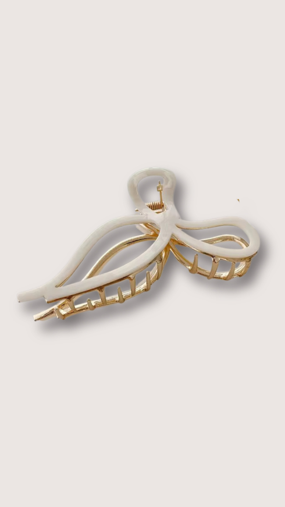 Festive Bow Gold Claw Clip : White