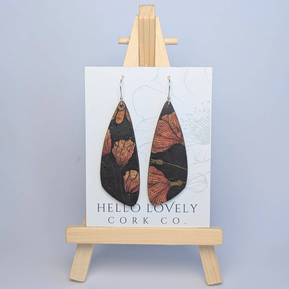 Floral on Black Cork Earrings - Small Wing