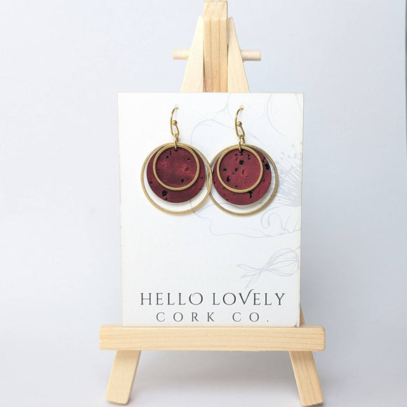 Circle Cork and Brass Earrings - Wine Red