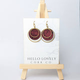 Circle Cork and Brass Earrings - Wine Red