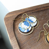 Circle Cork and Brass Earrings - Blue and White Floral