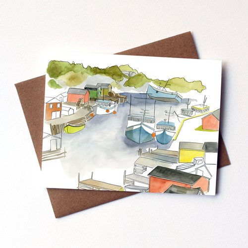 Boats on Trout River greeting card