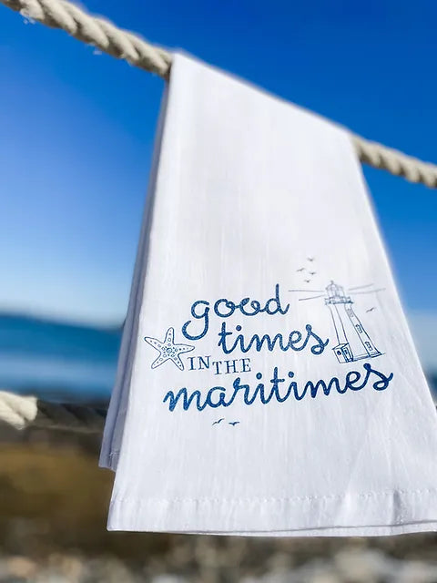 Good times in the maritimes hand printed tea towel