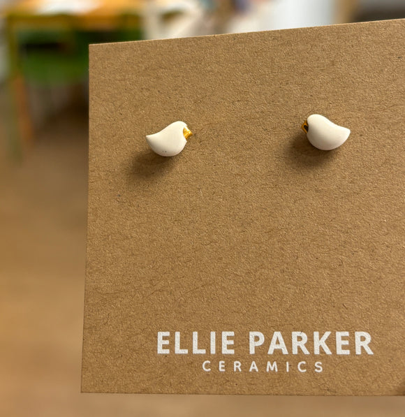 White Bird with Gold Accent Ceramic Clay Stud Earrings