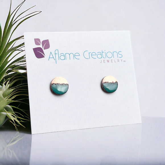 Half Copper Stud Enamel Earrings - Teal