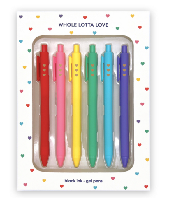 Packaging showing 6 colourful pens with three hearts on each near the clicker. 