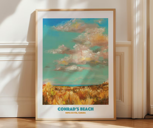 Framed painted pastel print of a beach with tall grasses and cloudy sky.