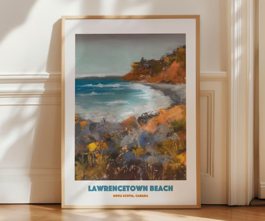 Framed print of a pastel painting with rocky edge of beach and ocean waves. 