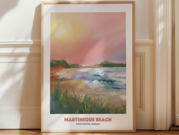 Framed print of pastel painting of Martinique Beach at sunset, with grass in the foreground.