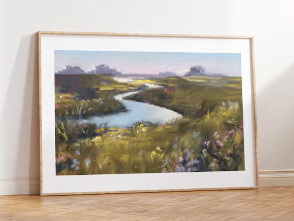 Art print of a pastel, impressionist painting of the floral, grassy banks of a wandering river.
