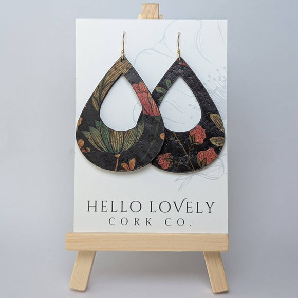 Floral on Black Cork Earrings - Large Teardrop