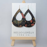 Floral on Black Cork Earrings - Large Teardrop