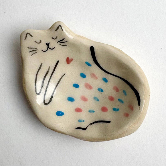 Tiny Handcrafted Ceramic Dish - Polkadot Cat