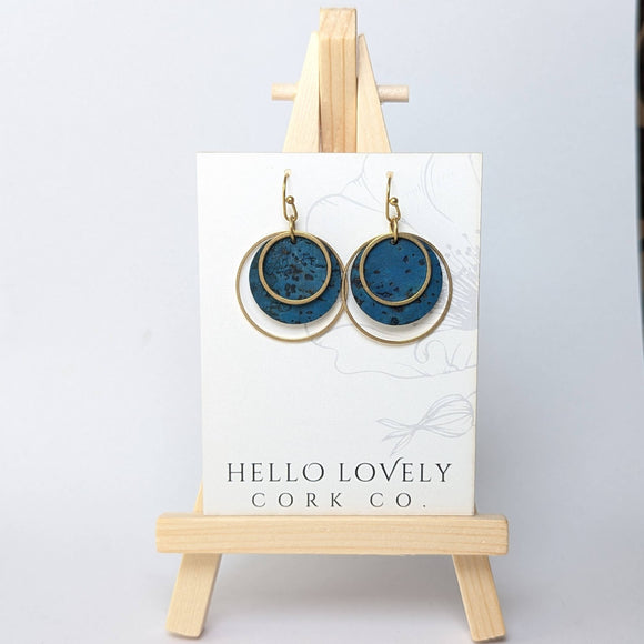 Circle Cork and Brass Earrings - Deep Teal