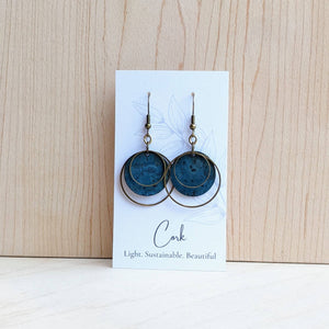 Round Brass and Cork Earrings: Deep Teal