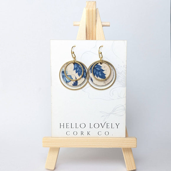 Circle Cork and Brass Earrings - Blue and White Floral