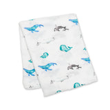 Muslin Swaddle Blanket – Whales (47" x 47") 