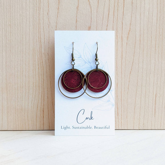 Round Brass and Cork Earrings: Wine Red