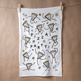 White hanging tea towel with pizza illustration reading Pizza Party