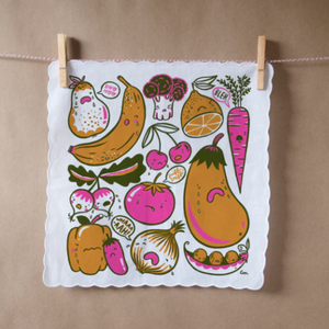 Yellow and fuchsia vegetables crying printed on a white scallop hankie.
