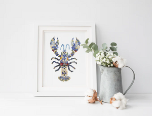 Blue Lobster Pressed Floral Art Print 8x10